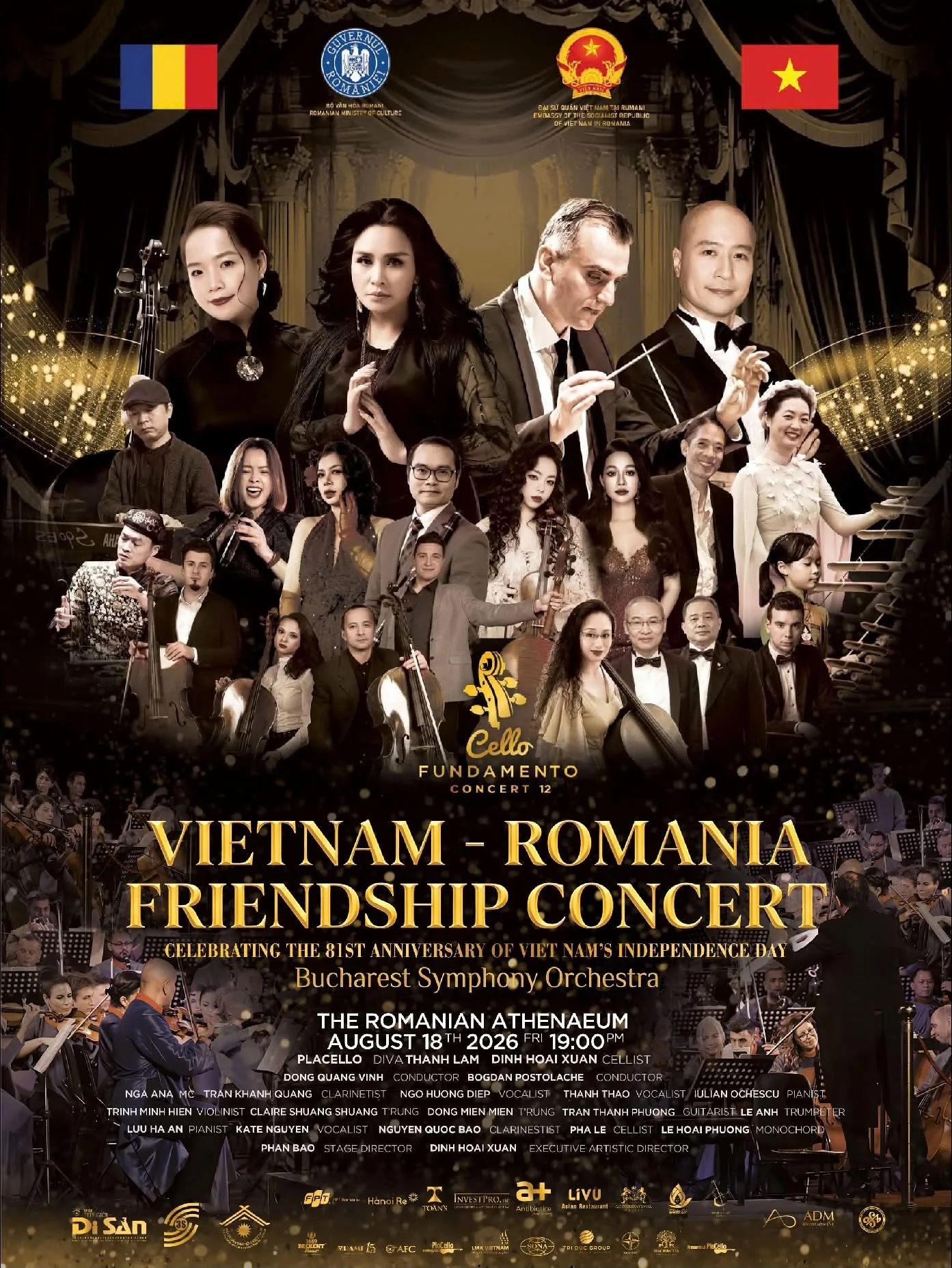 Poster for the Cello Fundamento concert in Bucharest featuring Thanh Lam